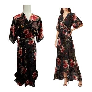 Hutch Gemma Burnout Velvet Floral Wrap Maxi Dress L Boho Romantic Evening Gown